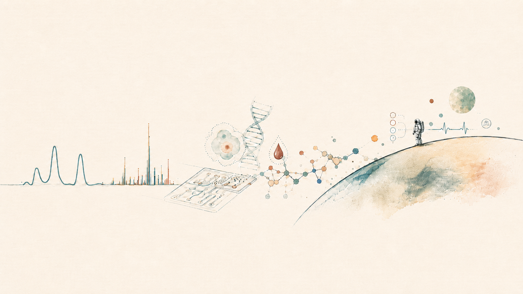 Abstract scientific illustration linking molecular analysis, analytical chemistry, and planetary science